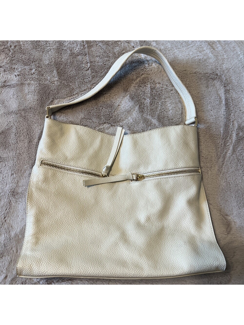 Tote Le Monde Women Barcelona Shoulder Bag Cream Pebbled Leather Minimalist